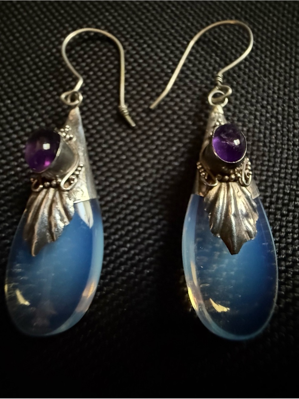 Sterling Silver 925 Leaf Blue Opalite Teardrop Earrings with Purple Amethyst
